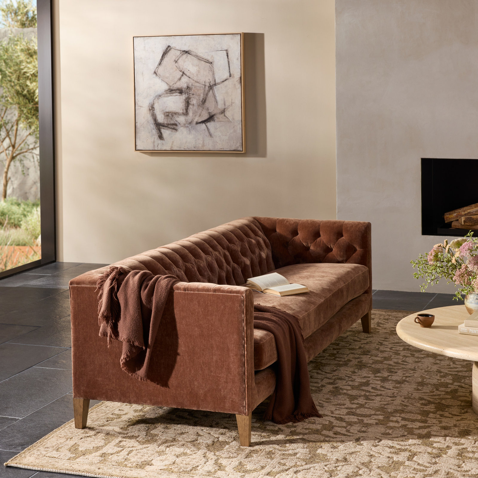 96" Genuine Leather Sofa, Amici Tobacco Velvet