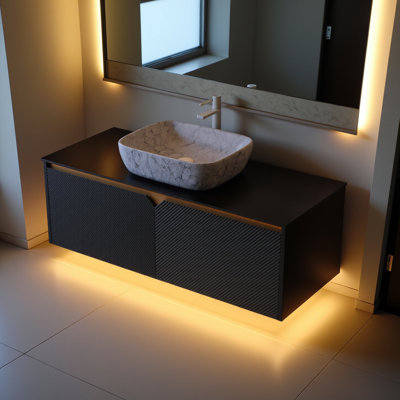 48" Bathroom Vanity&sink, Wall-mounted Floating Plywood Storage Cabinet, Twill Double Doors With Metal Trim, Marble Pattern Rectangle Ceramic Vessel Basin&black Sintered Stone Top, Black