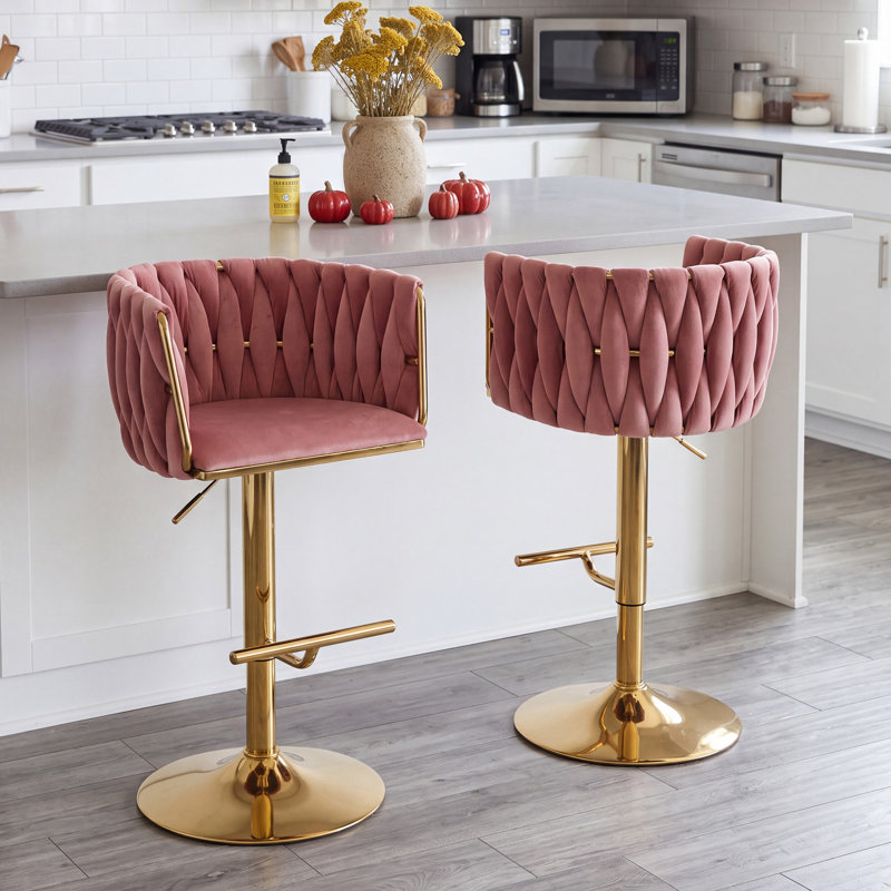 Swivel Adjustable Height Velvet Bar Stool, 2, Pink