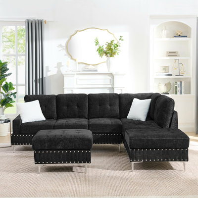Canapé modulaire avec repose-pieds avec rangement, pieds en métal et deux coussins