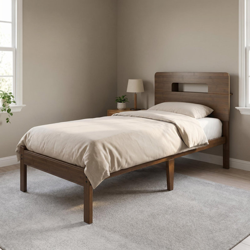Gerrita Solid Bamboo and Metal Platform Bed with Integrated Headboard, Twin XL, Brown