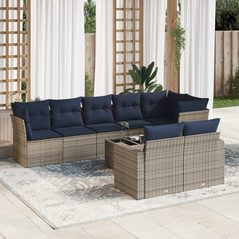 Ensemble de canapé de patio 9 pièces avec coussins en rotin de polyester, Gris, Marine