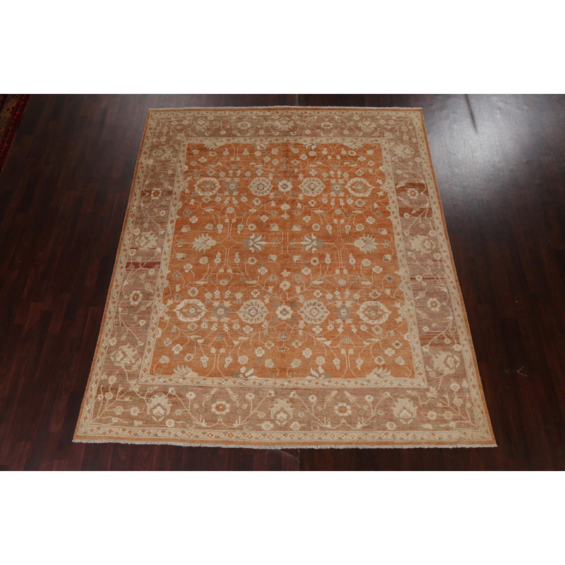 Tapis orange en laine noué à la main de conception unique 7 pi 11 po x 9 pi 3 po