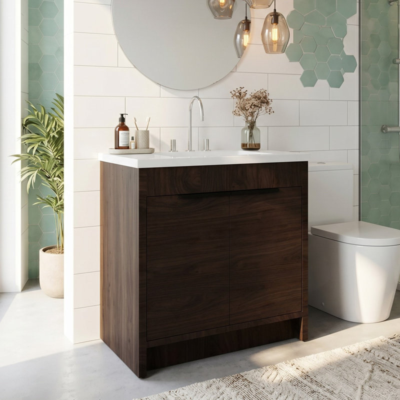 Meuble-lavabo autoportant 36 po avec comptoir en marbre de culture et porte à fermeture en douceur, Brown, Carrara White