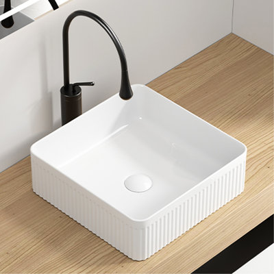 Rectangular Vessel Sink, 15" X 15", White Porcelain Ceramic, Striped Design, Easy To Clean And Maintain, Modern Aesthetic Bathroom 15X15 Inches, Versatile For Countertop Styles, Smooth Surface