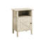 Table d'appoint, stratifié couleur pierre crème, style transitionnel, idéale pour les petits salons, offrant des espaces de rangement et d'organisation.