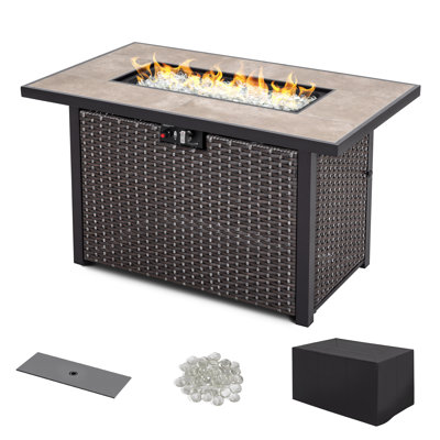 Table de foyer d'extérieur 43 po rectangulaire en rotin au gaz propane 43 000 BTU avec plateau en céramique