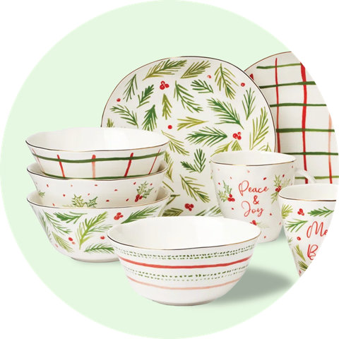 Peace & Joy and Merry & Bright holiday dishes.