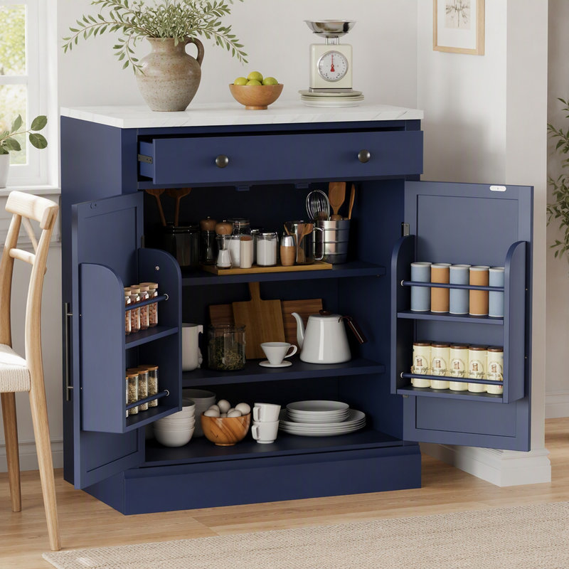 Meuble de cuisine moderne autoportant avec tiroir, 2 tablettes réglables et 2 tablettes à portes pour salle à manger, Bleu