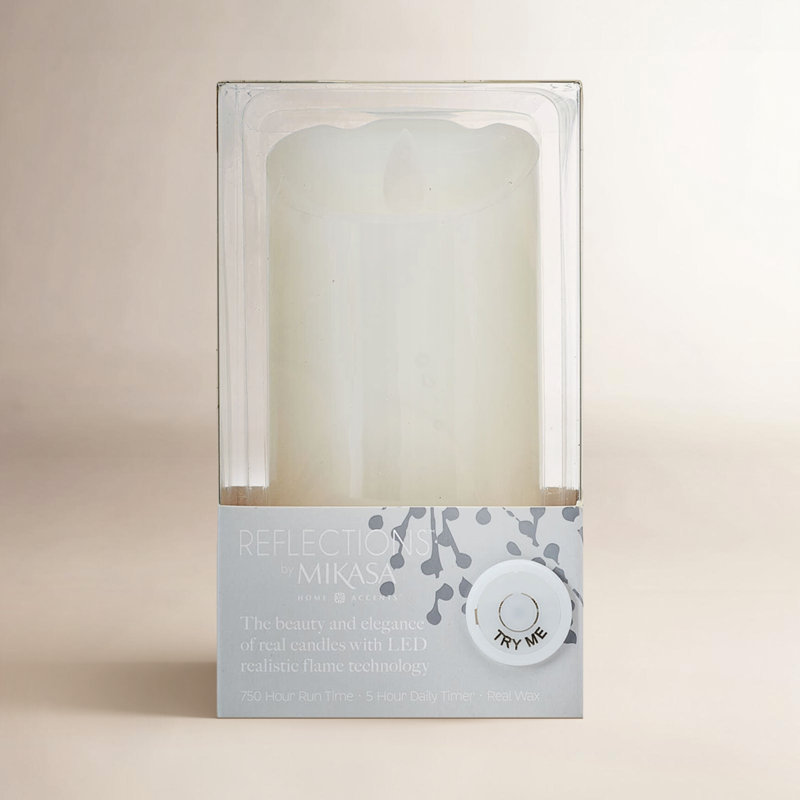 Mikasa Unscented Realistic-Flame LED Wax Pillar Candles, 8"L x 3"W