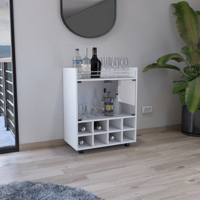 Chariot-bar St Andrews avec support intégré pour 8 bouteilles, armoire à double porte vitrée et surface à rebords en aluminium l 14,7 po x P 25,8 po x H 32,3 po