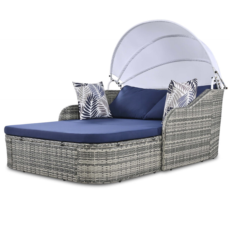 Lit de jour d'extérieur en osier avec coussins 79,9 po Freeport, Bleu, Gris