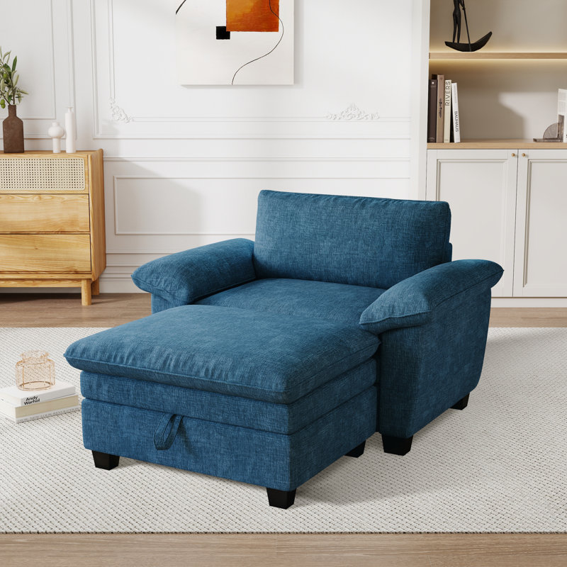 Méridienne surdimensionnée de 51 po avec repose-pieds et chenille douce rembourrée avec rangement, Chenille bleu