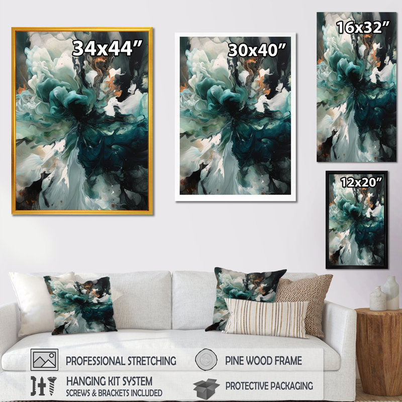 Art encadré sur toile vert et blanc marbré, H 44 po x l 34 po x P 1,5 po, Cadre flottant doré