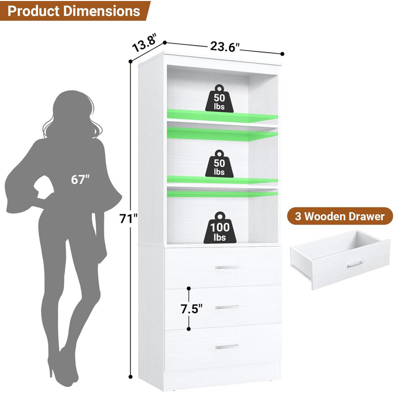 23.6" Closet System with Wooden Drawers, White