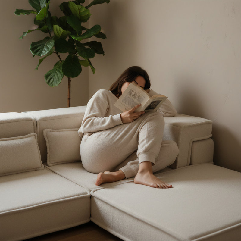 Très grand canapé à quatre places avec quatre coussins et un design sans os, Blanc