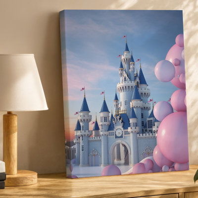 Toile, scène fantaisiste de conte de fées mettant en vedette un majestueux château avec art mural complexe, tourelles et flèches fixées contre un art mural pastel doux