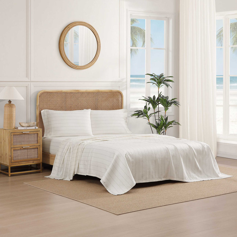Tommy Bahama La Vida Stripe Cotton Sheet Set, Beige Palm Leaf, King Sheet Set with 2 Pillowcases