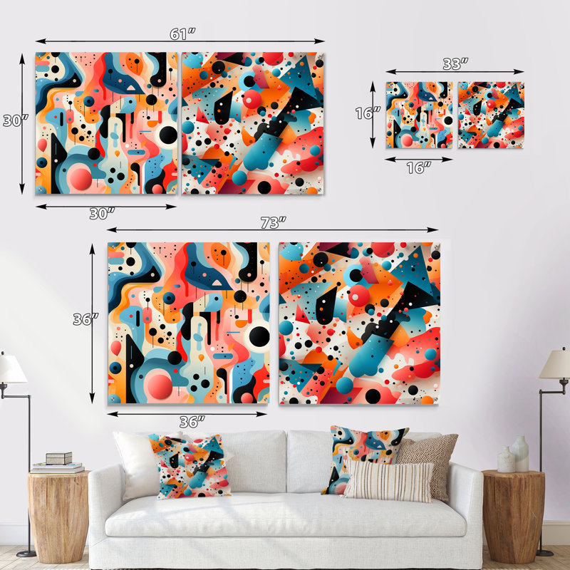 Motifs tendance roses et bleus des années 70 - Ensemble de 2 reproductions d'art géométriques abstraites en acrylique