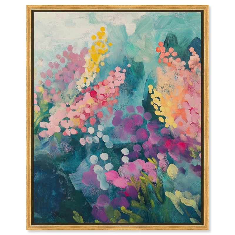 Toile abstraite abstraite avec art floral, H 21 po x l 17 po, Cadre flottant doré