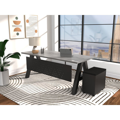 Serenity Modern A-Frame Executive Writing Office Desk, with Modesty and Cushion Top Mobile Storage, 66x30, Grey Oak Top