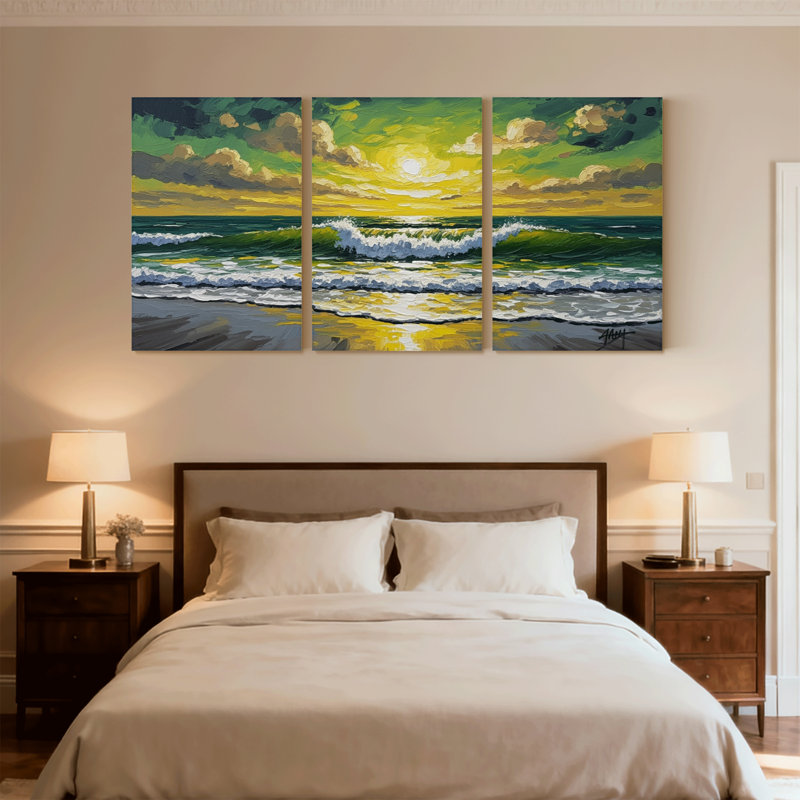 Nautique et plage, vagues océaniques, coucher de soleil, plage, ensemble de 3 reproductions d'art sur toile