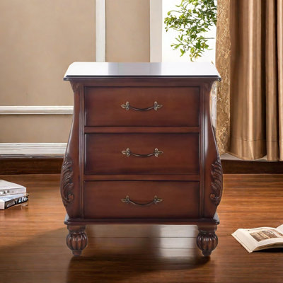 European-Style Carved Mahogany 3-Drawer Nightstand
