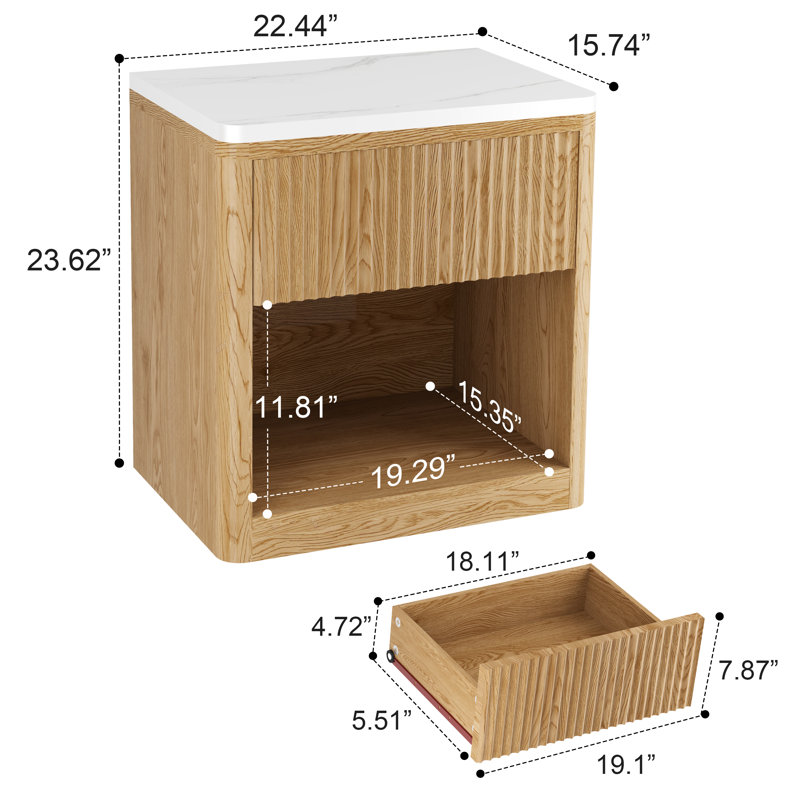 22.44'' Fluted Nightstand with 1-Drawer and Open Cubby (Set of 2)