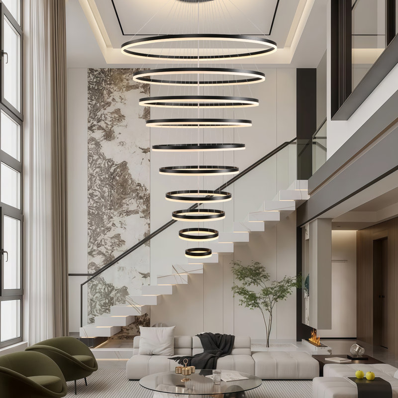 Lustre moderne à 10 anneaux DEL, plafonnier en spirale noir à intensité variable avec télécommande pour hauts plafonds, Noir