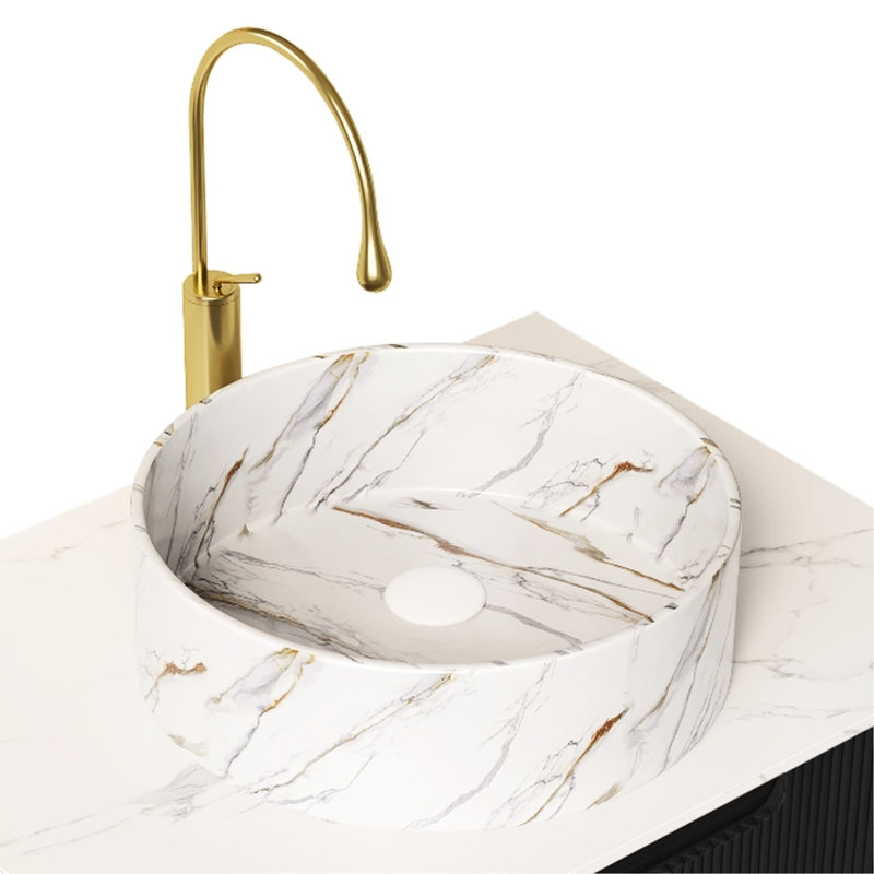 Lavabo de salle de bain vasque rond en céramique 13,93 po blanc foncé brillant avec motif en pierre, une pièce, sans robinet inclus