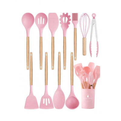 12 Pcs Silicone Kitchen Utensils Set – Heat Resistant Bpa-free Cooking Tools With Wooden Handles & Plastic Holder (pink)