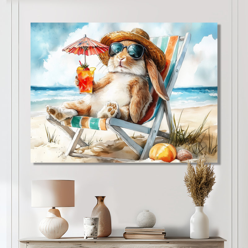 Lapin sur la plage relaxant - art mural animaux côtiers, Toile tendue, H 30 po x l 40 po
