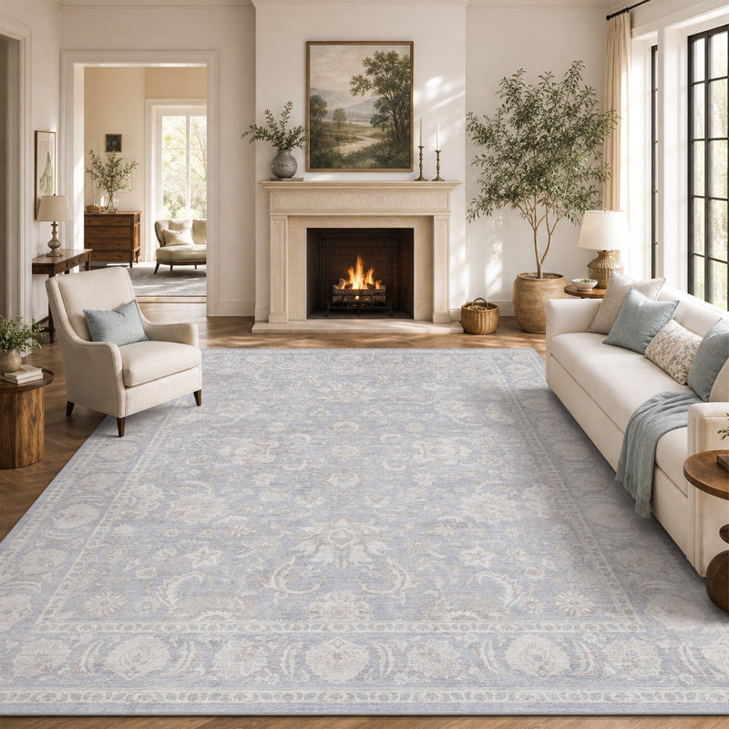 Tapis lavable antidérapant à motif floral délavé, Bleu, Rectangle 9 pi x 12 pi