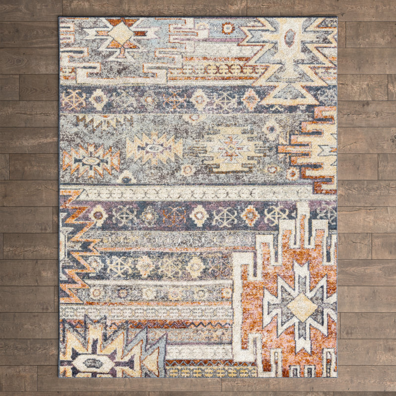 Tapis bleu / orange tissé à la machine Jamieson, Rectangle 8 pi 10 po x 12 pi