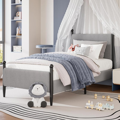 Upholstered Bed Frame - with Headboard, Soft Corduroy Fabric Platform with Wooden Slats Support