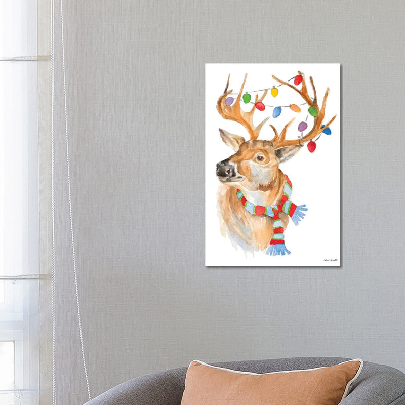 «Deer with Lights and Scarf» par Lanie Loreth - peinture sur toile tendue, H 26 po x l 18 po x 1,5 po