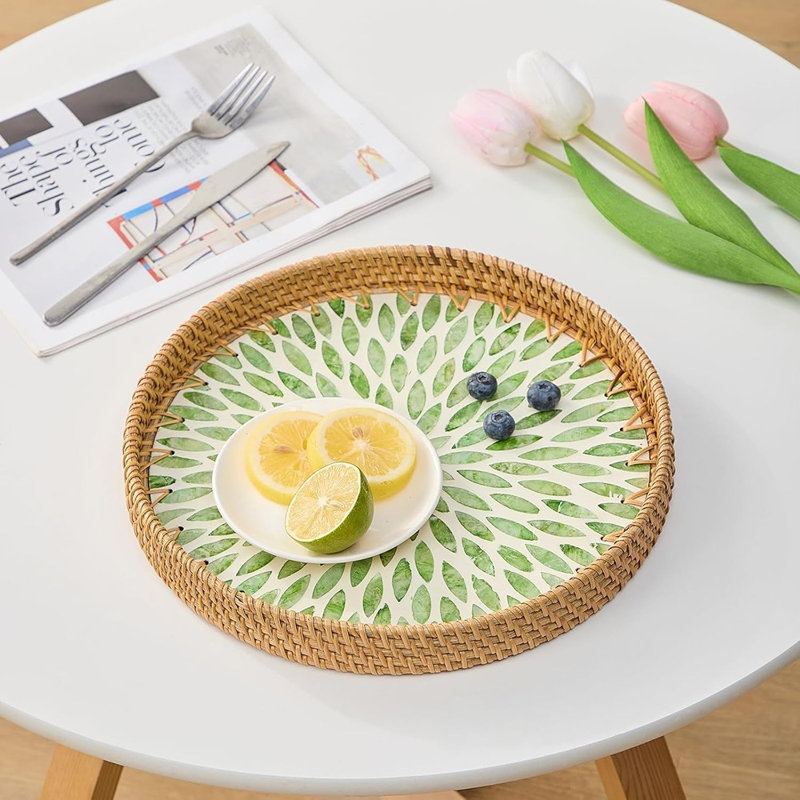 Plateau rond en rotin pour la décoration intérieure, plateau de service Boho moderne avec incrustation de nacre, panier en osier tissé à la main pour table basse, vert