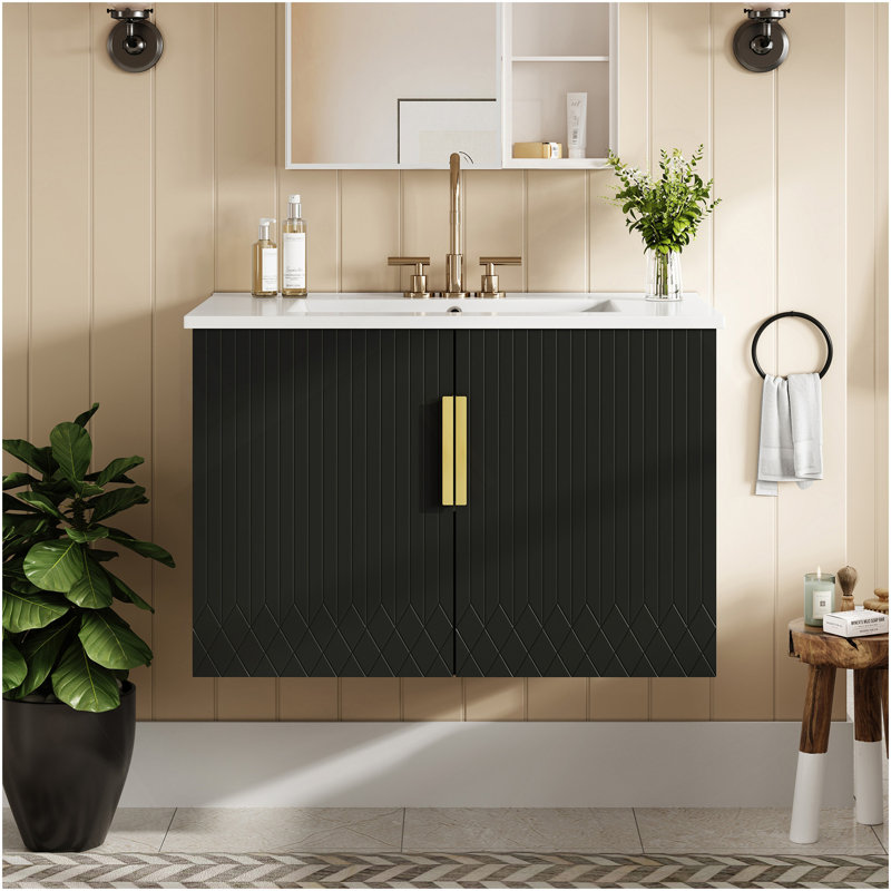 Meuble-lavabo de salle de bain vintage 30 po avec lavabo en céramique, lavabo simple en céramique à 3 trous, meuble-lavabo avec 2 portes à fermeture douce