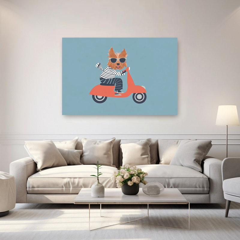 Cool Dog On Scooter Playful Contemporary Dog Wall Art Print by Mathieu - Wrapped Canvas Print, 101.6cm H x 152.4cm W