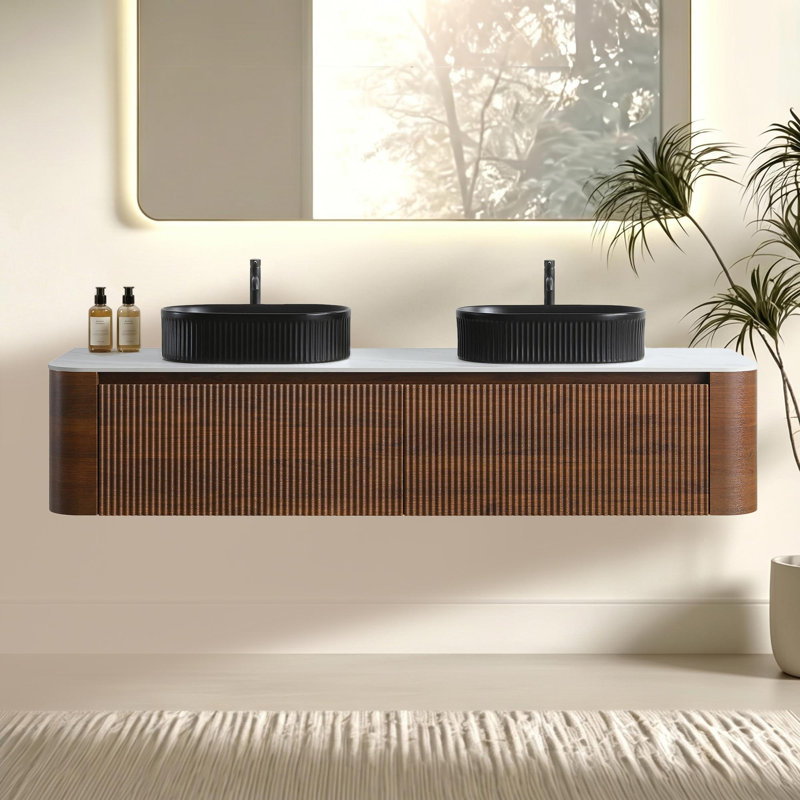 Meuble-lavabo double en céramique, Walnut, 71" W