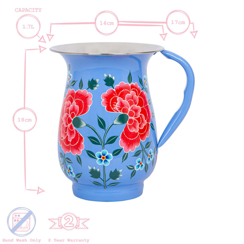 East Urban Home Hand-Painted Picnic Water Jug with 400ml Multicolour Cups - 1.7L - Raspberry Peony, Black