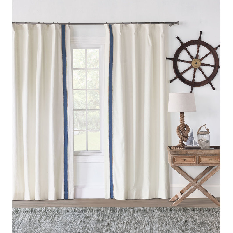 Maritime Room Darkening Curtain, 96" W x 84" L, Right, White/Navy