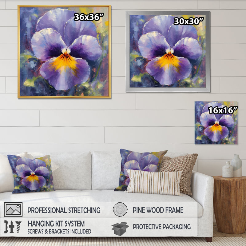 Natures jaunes mauves, pensées I, H 16 po x l 16 po x P 1 po, Cadre flottant noir