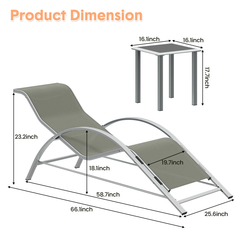 Ensemble 3 pièces de chaises longues réglables en aluminium avec table d'appoint - chaises longues d'extérieur inclinables pour la piscine, le jardin, la plage, la cour, résistant aux intempéries - couleur du plateau