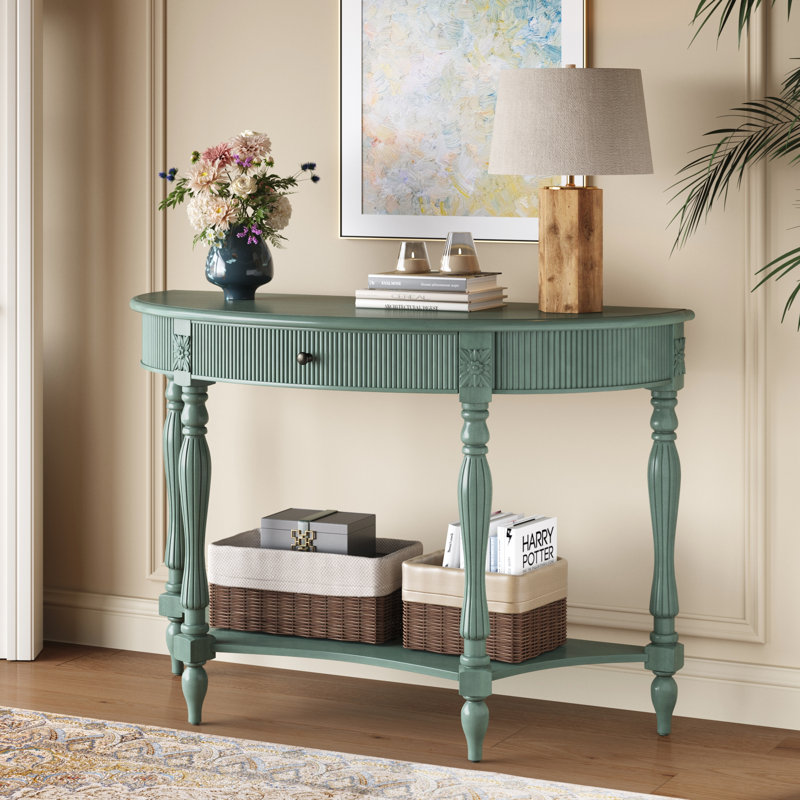 Console demi-lune en bois massif avec tiroir et tablette, Rustic Green
