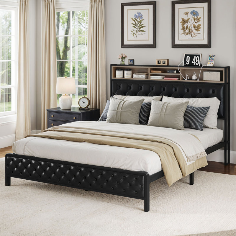 Naumann Upholstered Bookcase Storage Bed, King, Beige