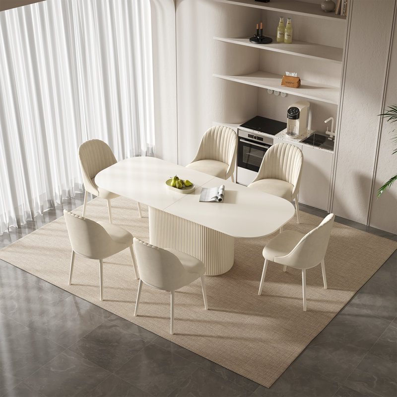 86.61"Oversized Dining Table Set For 6, Oval Cream White Dining Table Set with 6 Chairs for Kitchen, Dining Room