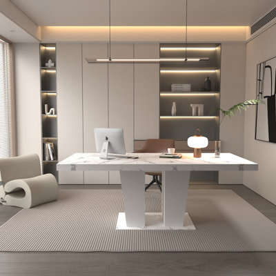 Table de salle à manger extensible pour 6-10 moderne table de cuisine en faux marbre blanc avec base à double colonne, grande table de salle à manger rectangulaire