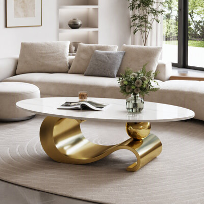 Table basse ovale en faux marbre de 125 cm, piètement contemporain en acier inoxydable, table centrale moderne pour salon