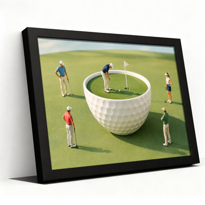 Miniature Golfers On Giant White Golf Ball Putting Green Canvas Wall Art